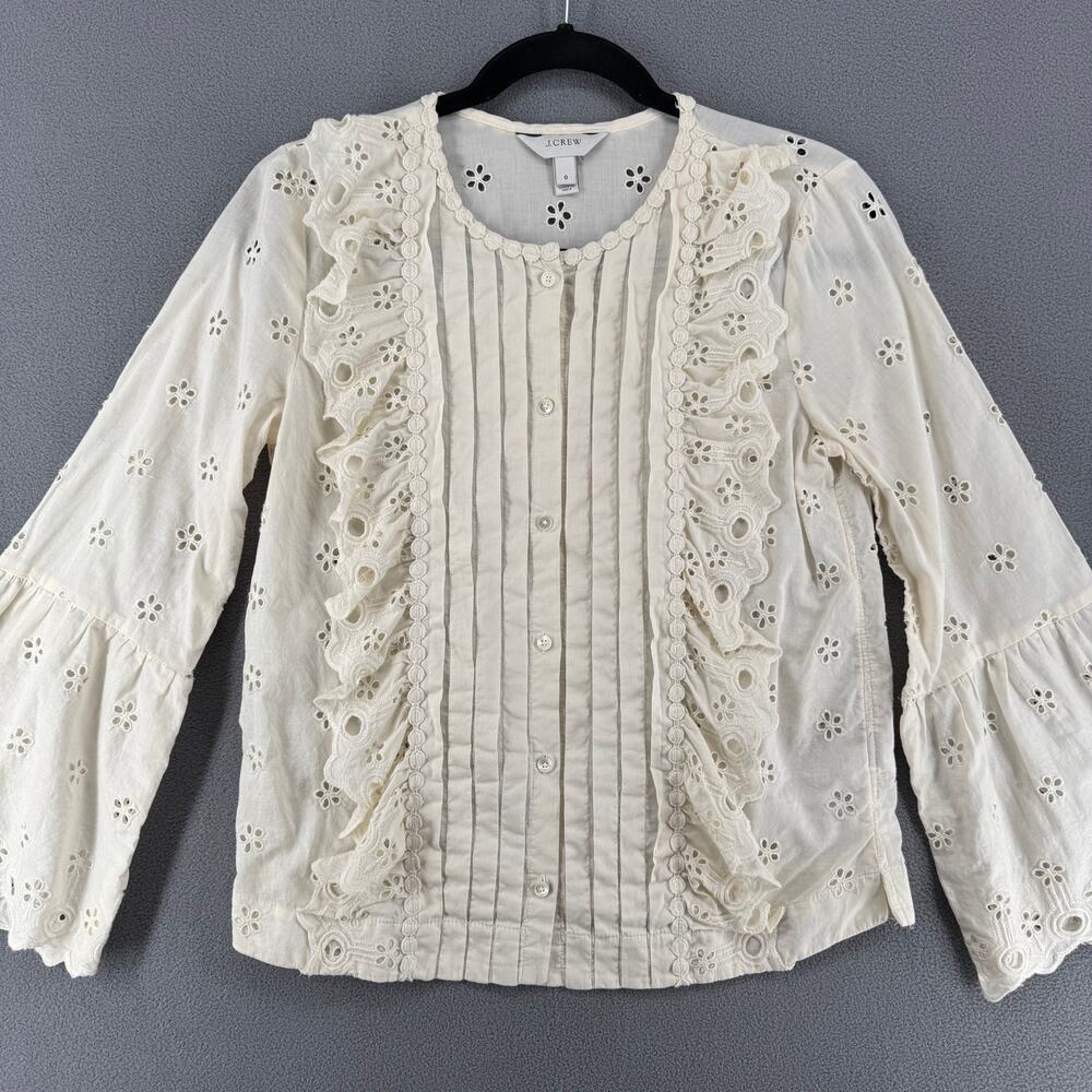 J Crew Floral Eyelet Ruffle‎ Bell Sleeve Button Down Top Womens 0 Off White